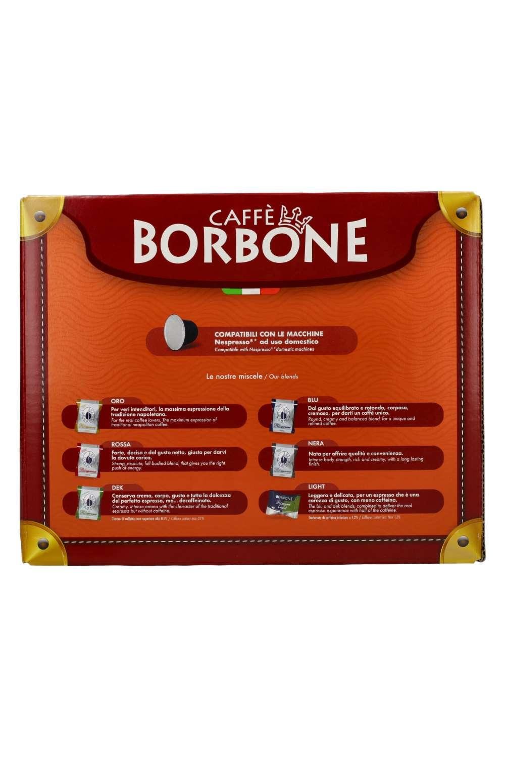 Eine Schachtel Kaffeepads von Caffè Borbone mit rot-orangefarbenem Design. Auf der Verpackung sind verschiedene Kaffeemischungen und ihre Beschreibungen abgebildet. Die Kompatibilität mit bestimmten Kaffeemaschinen wird auf Italienisch und Englisch angege