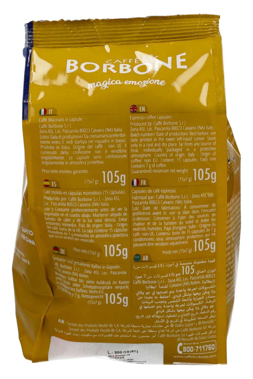 Das Bild zeigt die Rückseite einer Caffè Borbone-Kaffeepackung. Die Verpackung ist gelb und enthält mehrsprachigen Text mit Produktdetails, Zutaten und Gewicht (105 g). Das Markenlogo und die Kontaktinformationen sind ebenfalls sichtbar.